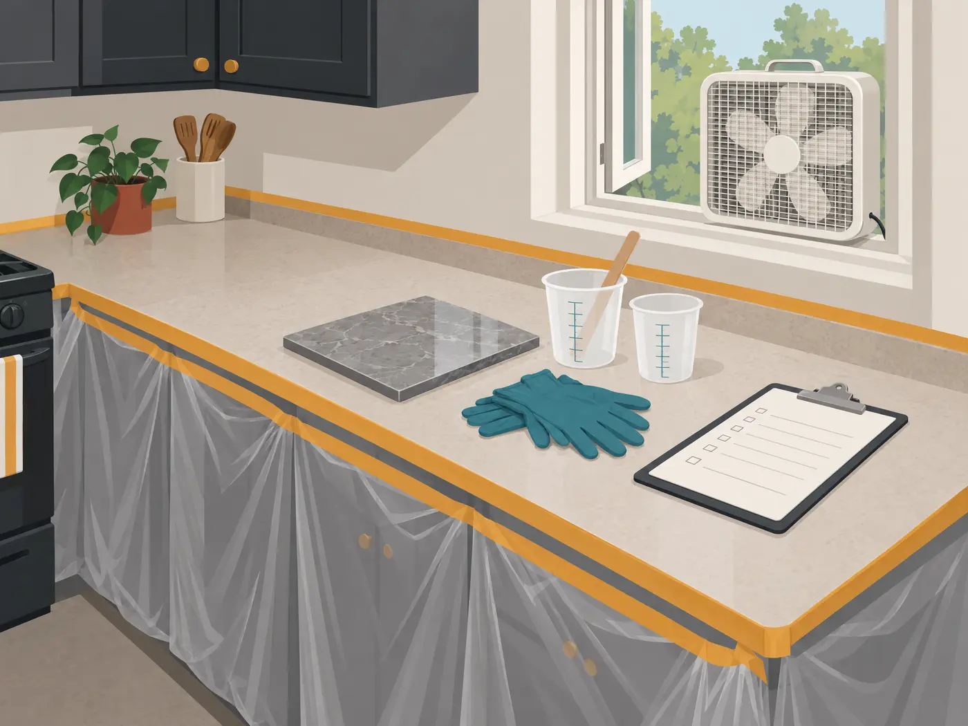 A kitchen counter masked with tape and the cabinets under plastic, a fan in the open window, and a practice sample, gloves and measuring cups on the counter