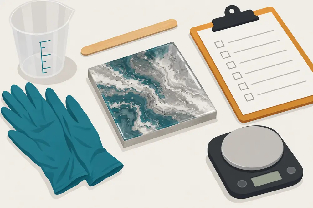 A practice panel with a glossy stone-look coat, beside gloves, a scale, a measuring cup and a checklist