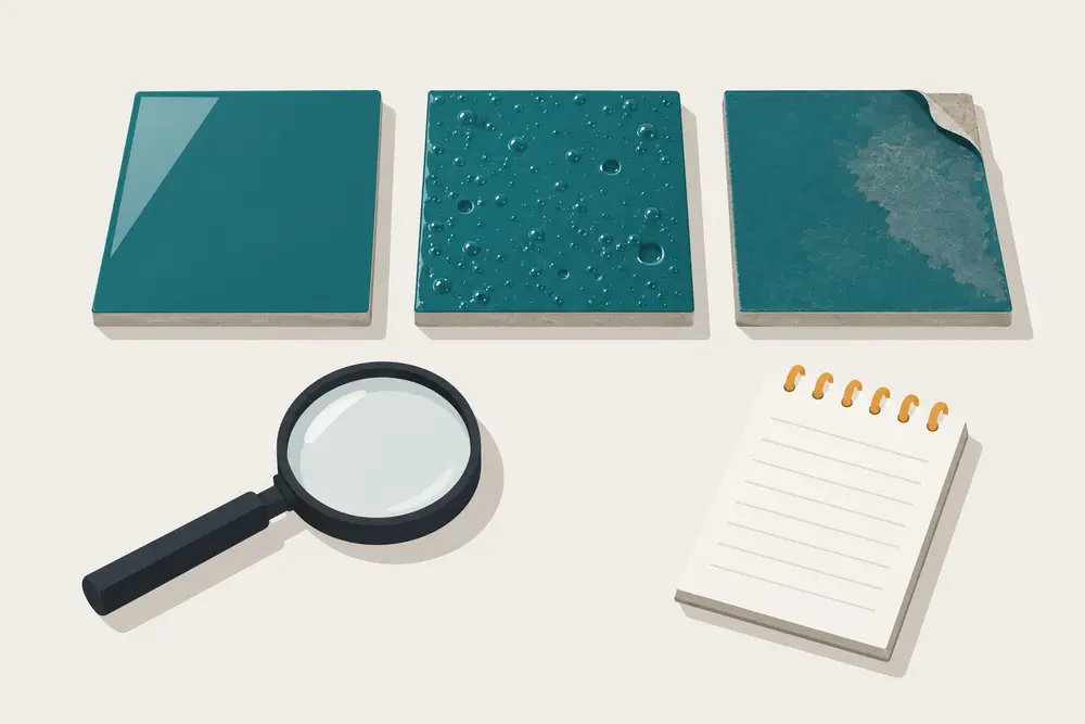 Three coated sample boards side by side: one smooth, one full of bubbles, one dull and peeling at a corner